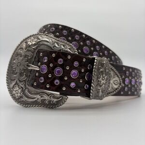 ARIAT Burgundy Leather Western Belt Purple Rhinestones Engraved Buckle Size 36
